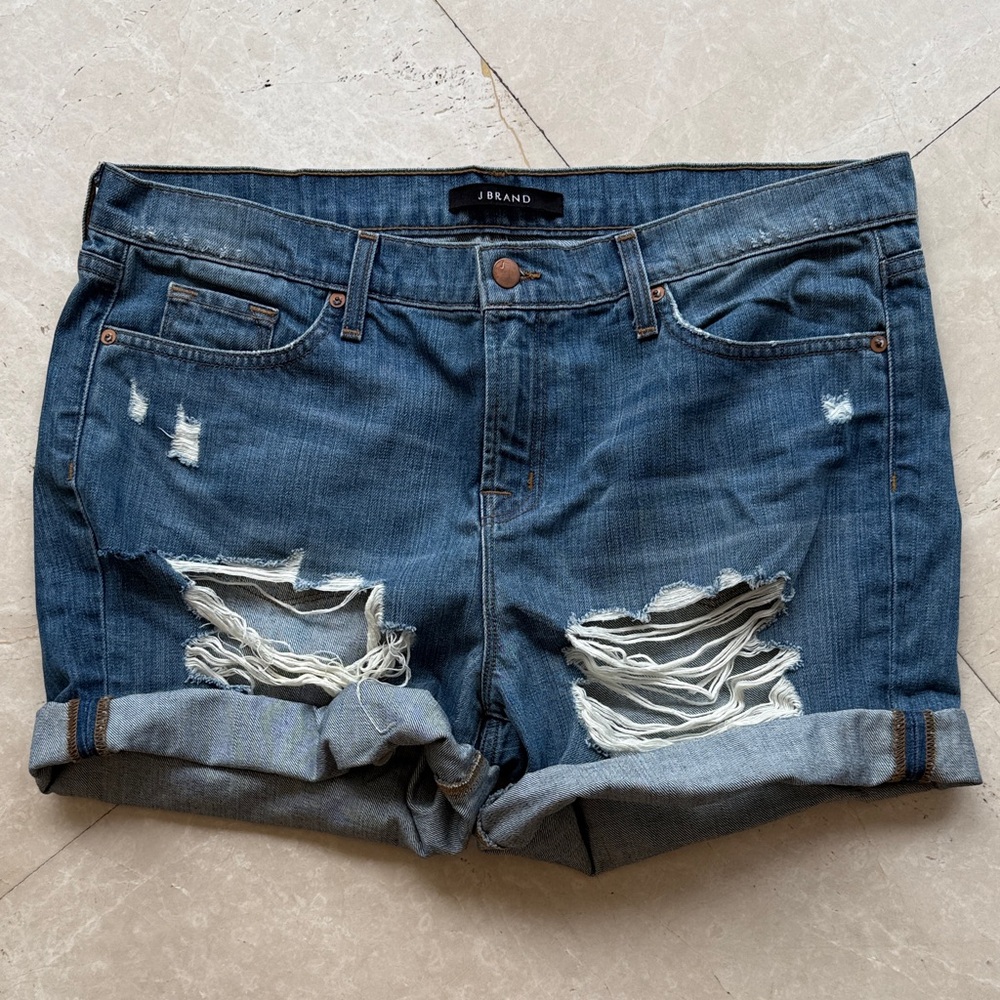 J Brand Distressed Rolled-Hem Denim Shorts in Blue